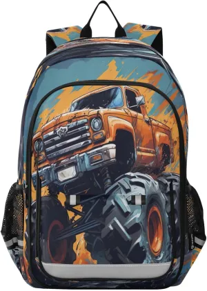 Monster Truck Orange Kids Backpack Durable Travel School bag with Chest Strap for Girls Teens Boys Kids 17.7 Inch