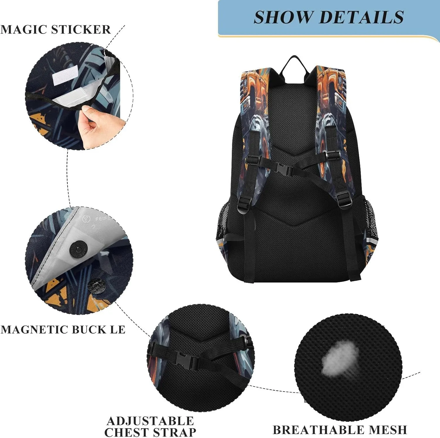 Monster Truck Orange Kids Backpack Durable Travel School bag with Chest Strap for Girls Teens Boys Kids 17.7 Inch