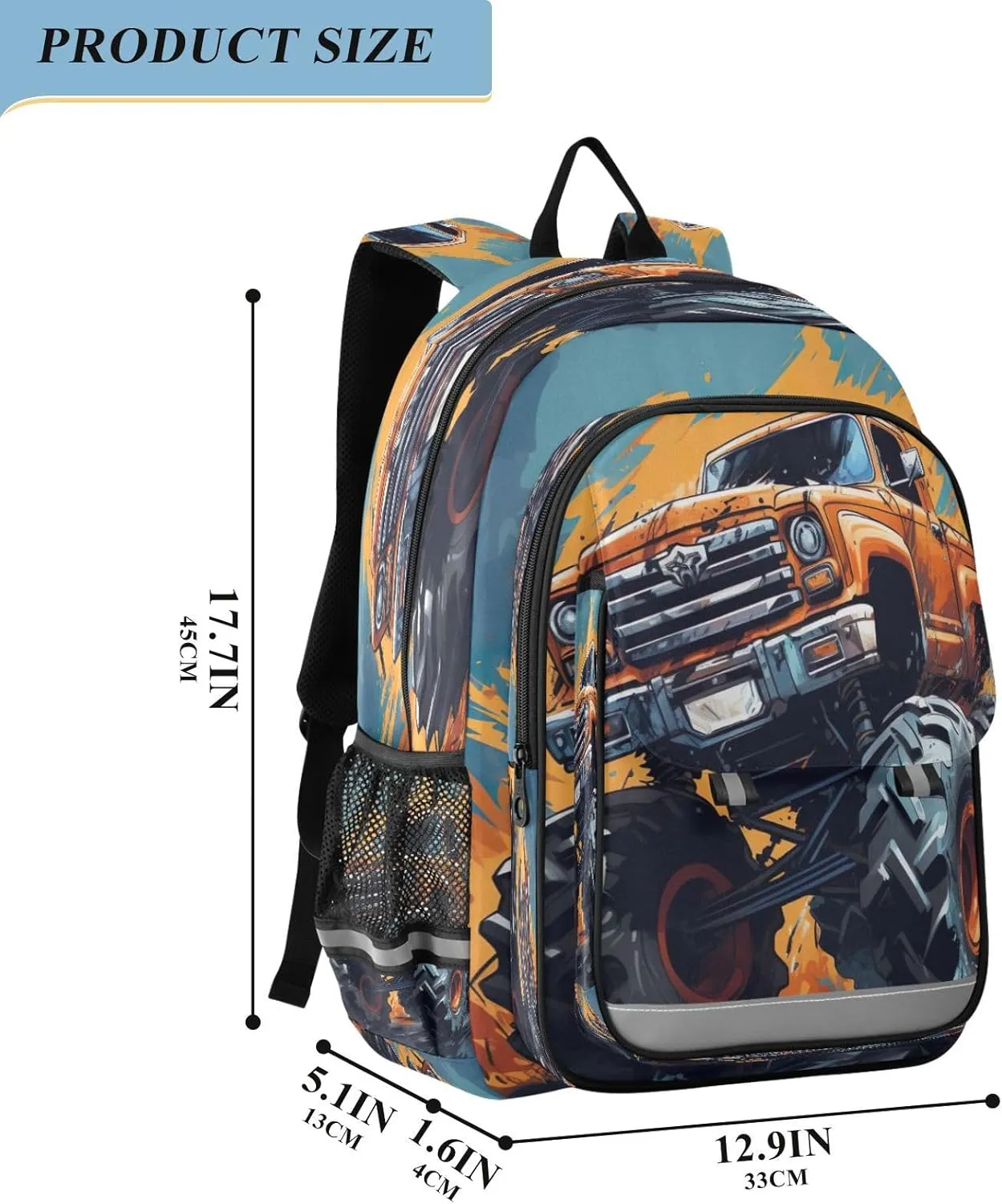 Monster Truck Orange Kids Backpack Durable Travel School bag with Chest Strap for Girls Teens Boys Kids 17.7 Inch