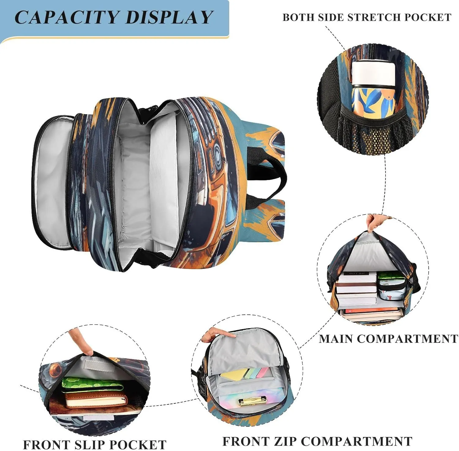 Monster Truck Orange Kids Backpack Durable Travel School bag with Chest Strap for Girls Teens Boys Kids 17.7 Inch