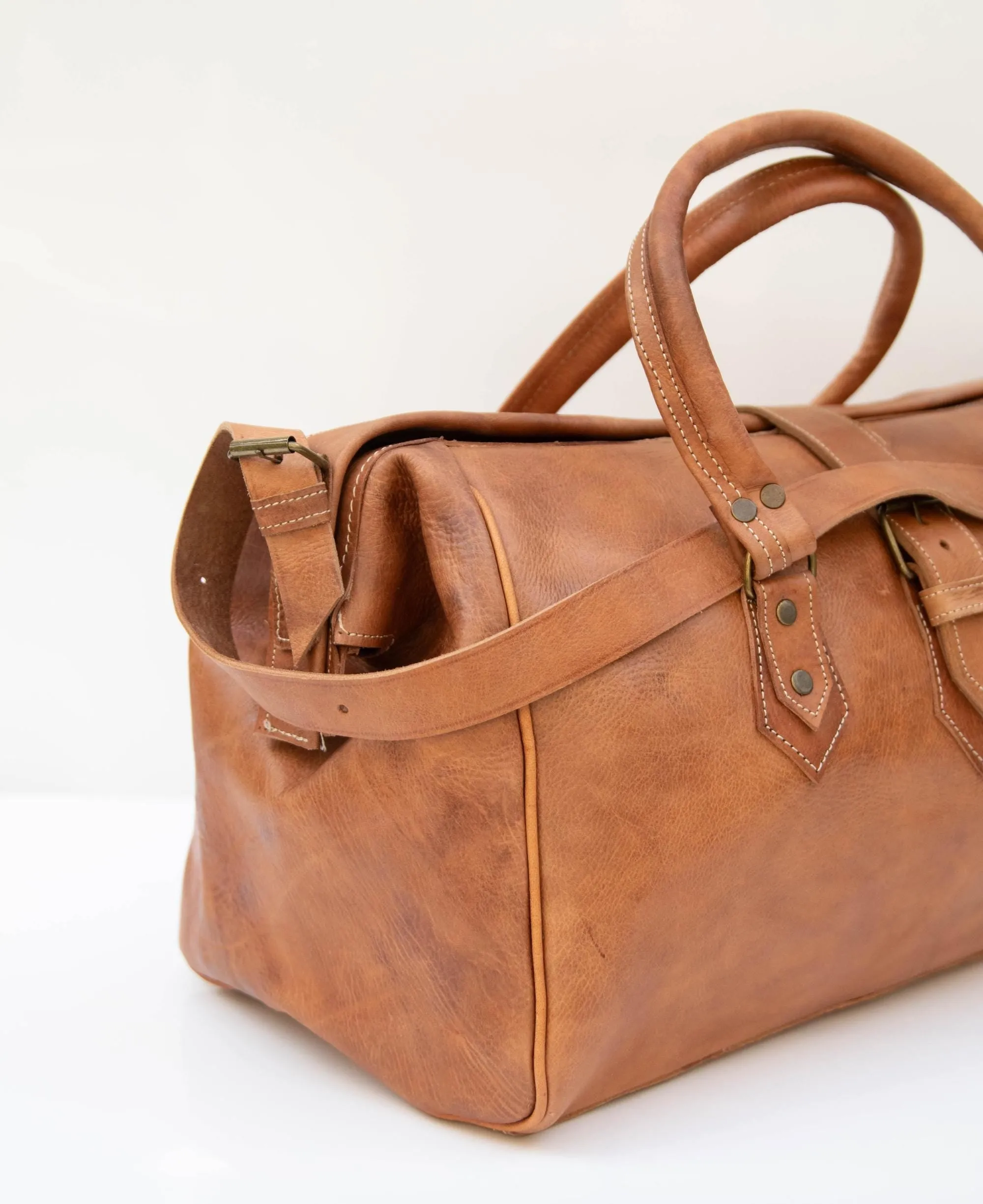 Moroccan Leather Weekender Bag Style Duffel with Adjustable Strap