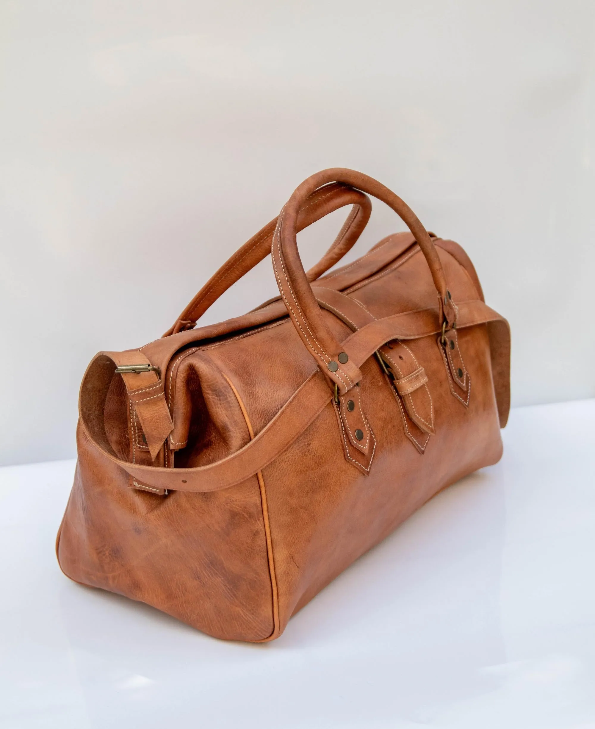 Moroccan Leather Weekender Bag Style Duffel with Adjustable Strap