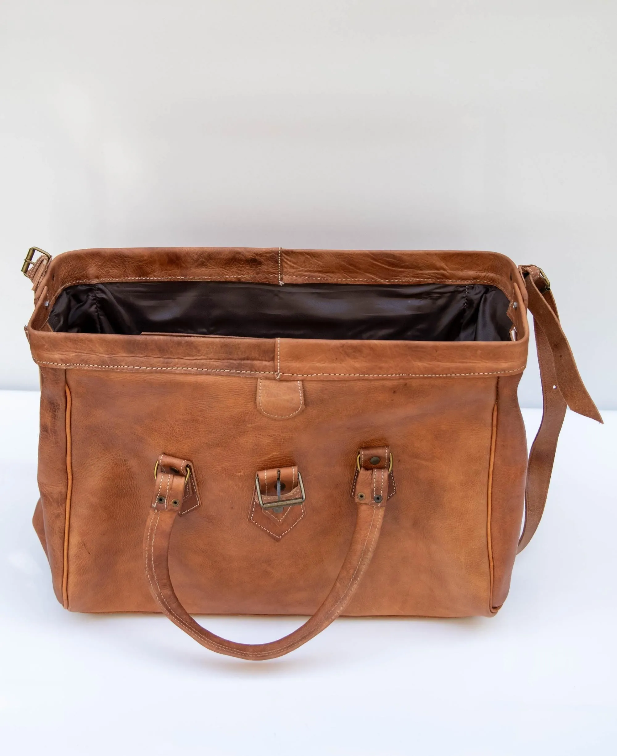 Moroccan Leather Weekender Bag Style Duffel with Adjustable Strap