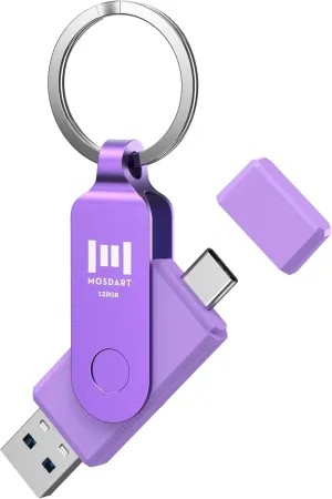 MOSDART 128GB Dual USB C Flash Drive, Speed Up to 150MB/S Type C 3.1 Thumb Drive with Keychain and LED Indicator, exFAT Memory Stick for iPhone 15 and 16, iPad, Android Phone, Tablet, Laptop, Purple