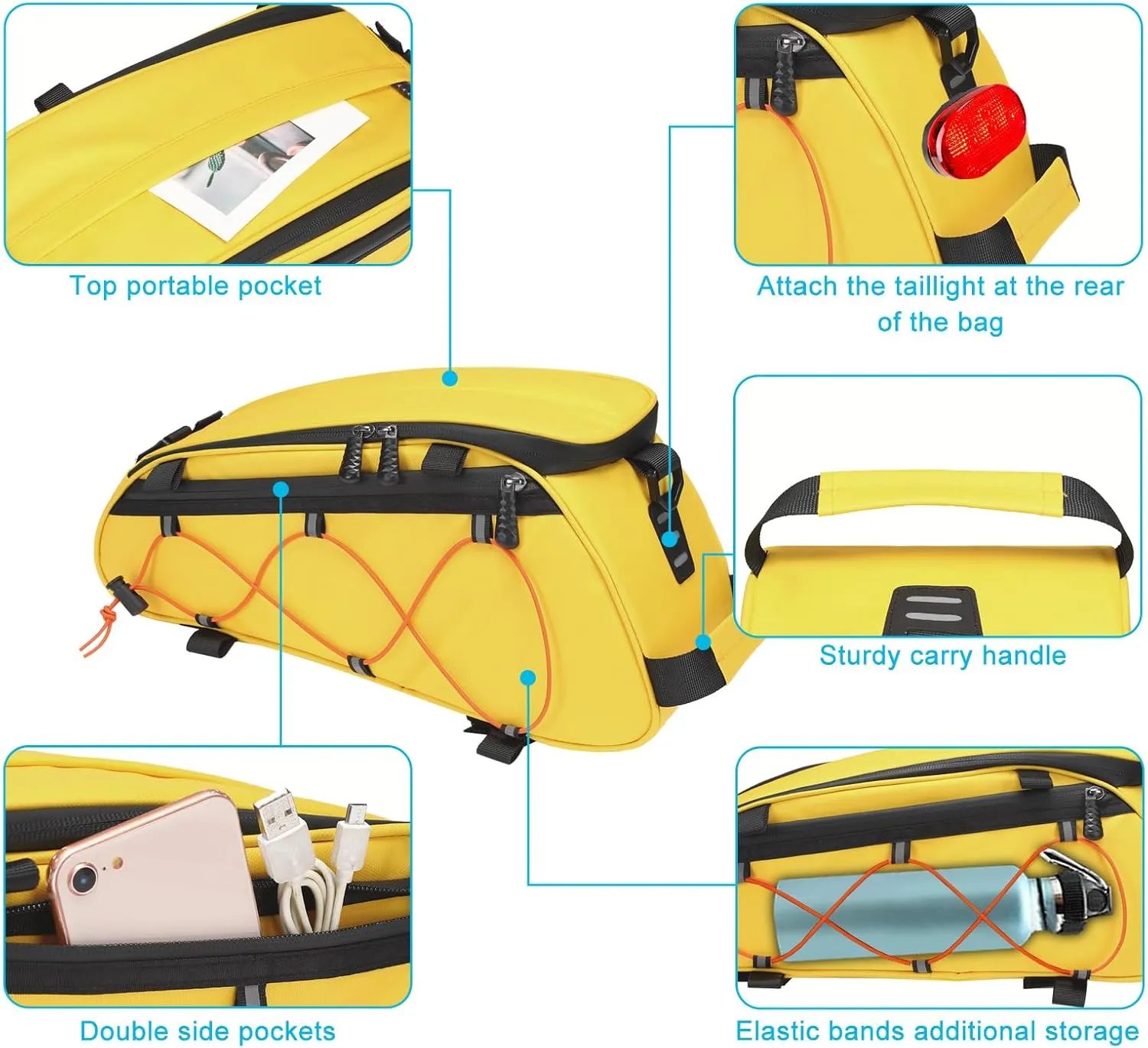 MOSISO Bike Rack Bag with 2 Removable Panniers, Waterproof Bike Trunk Cooler Storage Handbag Insulated Bicycle Rear Seat Pouch, Bicycle Storage Saddle Shoulder Bag Cycling Luggage Pouch, Yellow