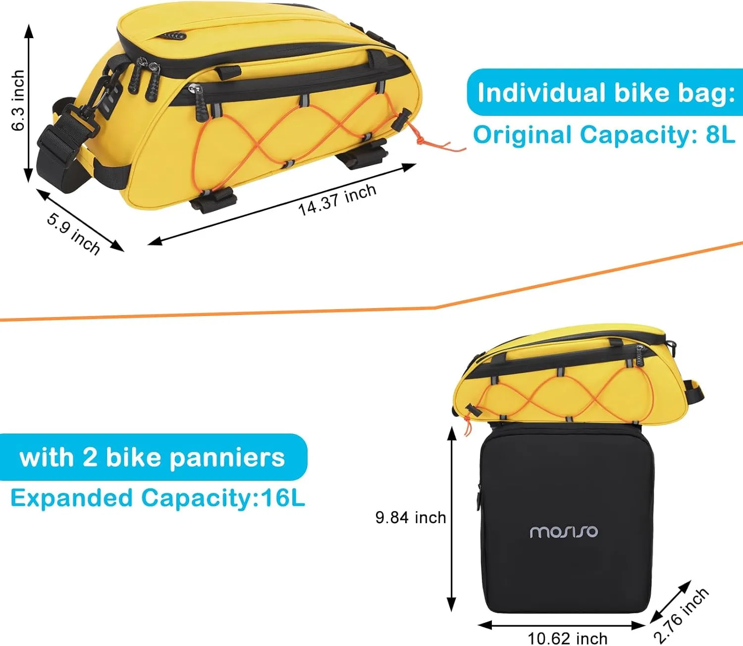 MOSISO Bike Rack Bag with 2 Removable Panniers, Waterproof Bike Trunk Cooler Storage Handbag Insulated Bicycle Rear Seat Pouch, Bicycle Storage Saddle Shoulder Bag Cycling Luggage Pouch, Yellow