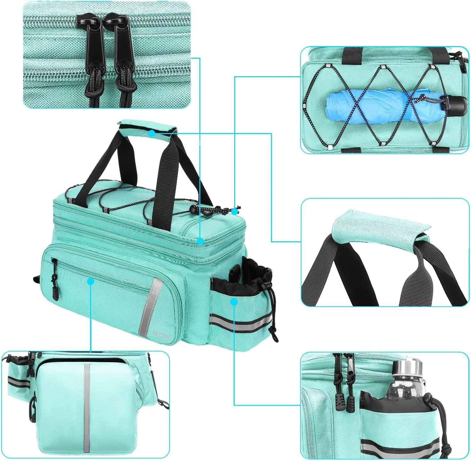 MOSISO Bike Rack Bag with Rain Cover, Bike Trunk Cooler Handag Insulated Bicycle Rear Seat Pouch with 2 Side Foldable Panniers, 8L Cycling Backseat Storage Cargo Saddle Shoulder Bag, Turquoise