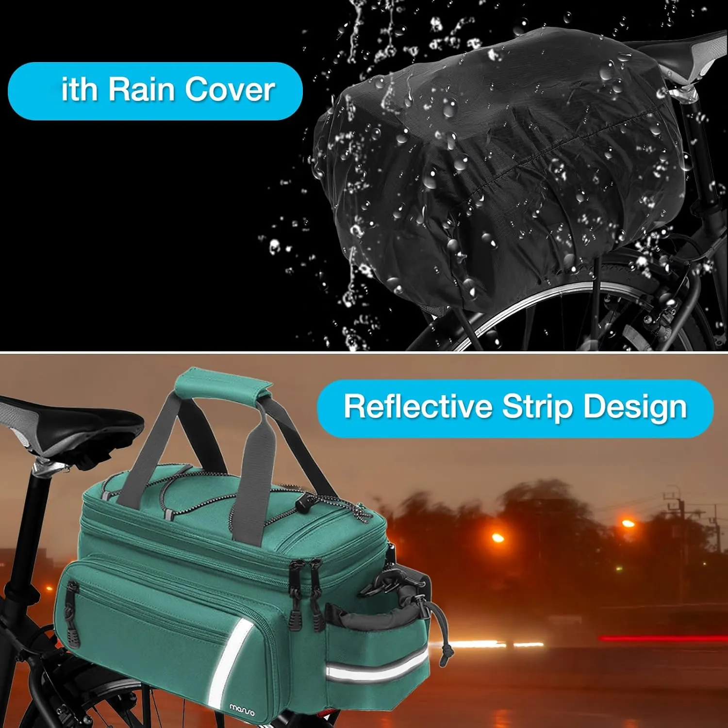 MOSISO Bike Rack Bag with Rain Cover, Bike Trunk Cooler Handag Insulated Bicycle Rear Seat Pouch with 2 Side Foldable Panniers, 8L Cycling Backseat Storage Cargo Saddle Shoulder Bag, Turquoise