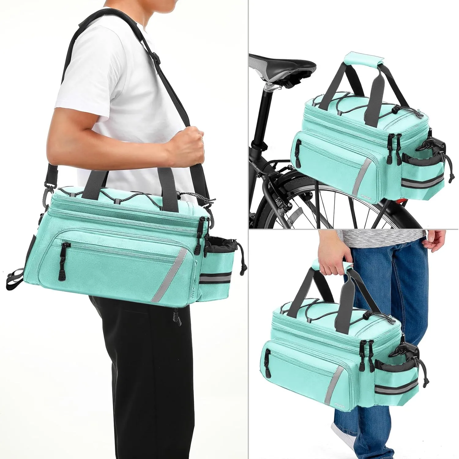 MOSISO Bike Rack Bag with Rain Cover, Bike Trunk Cooler Handag Insulated Bicycle Rear Seat Pouch with 2 Side Foldable Panniers, 8L Cycling Backseat Storage Cargo Saddle Shoulder Bag, Turquoise