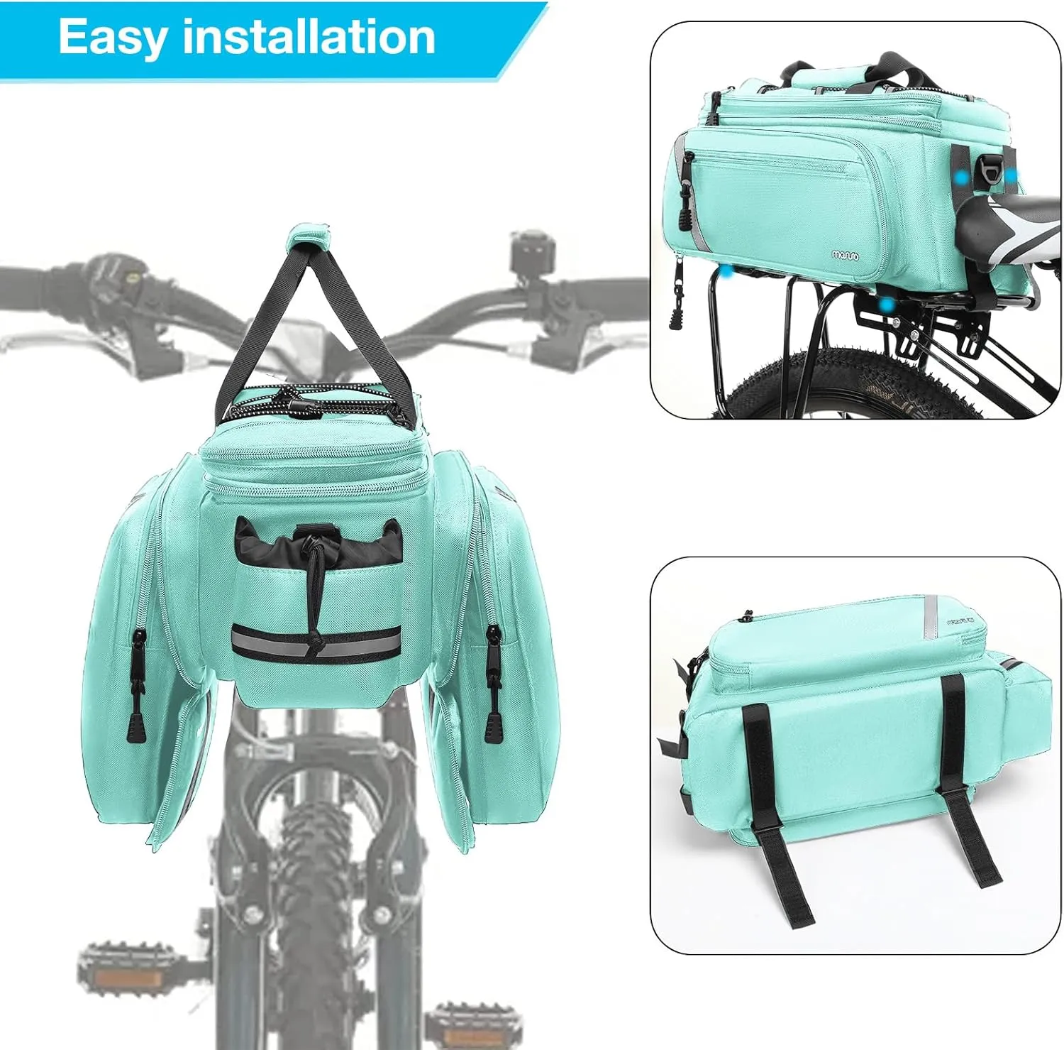 MOSISO Bike Rack Bag with Rain Cover, Bike Trunk Cooler Handag Insulated Bicycle Rear Seat Pouch with 2 Side Foldable Panniers, 8L Cycling Backseat Storage Cargo Saddle Shoulder Bag, Turquoise