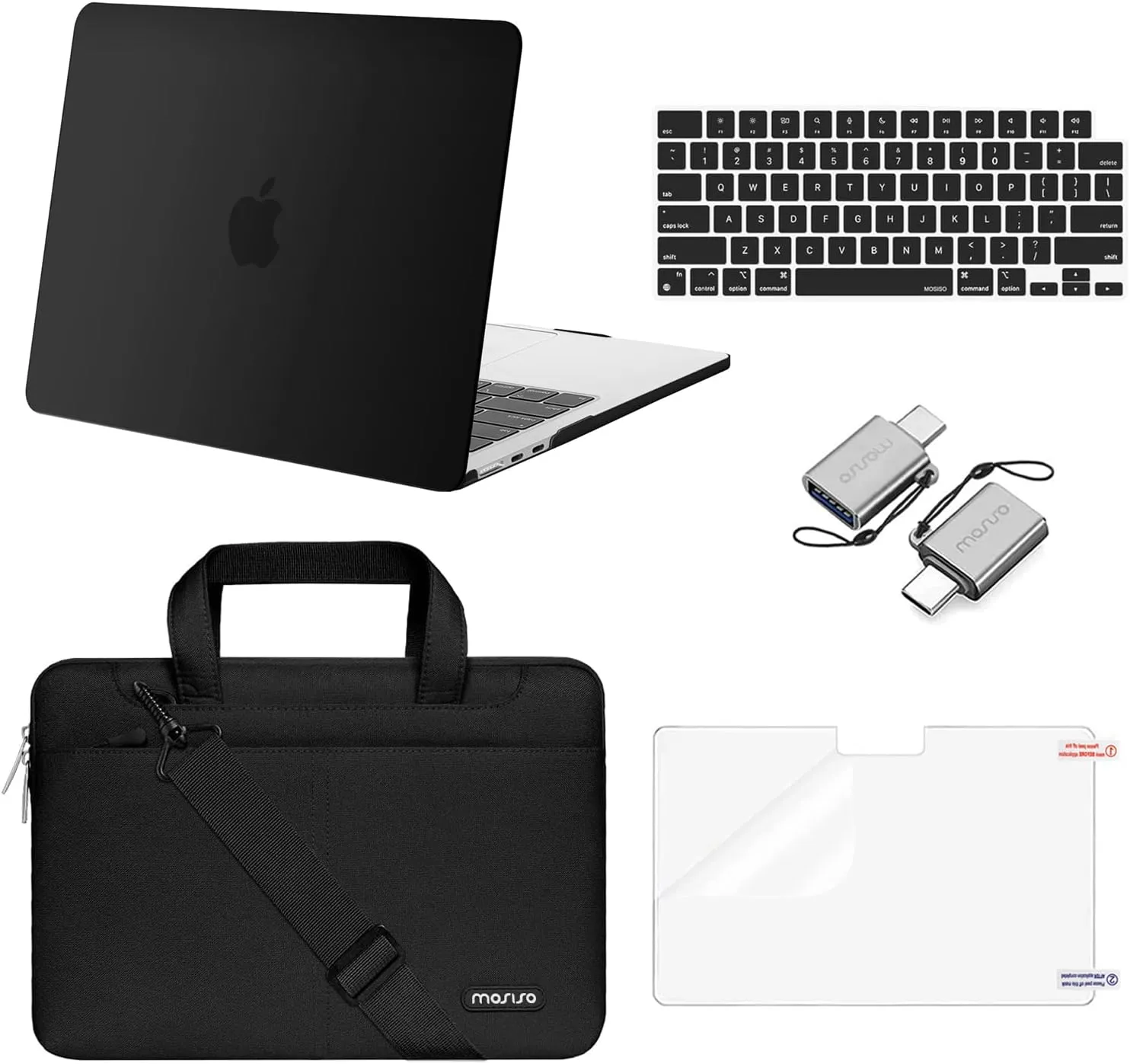 MOSISO Compatible with MacBook Air 13 inch Case 2025 2024 2023 2022 M4 A3240 M3 A3113 M2 A2681,Plastic Hard Shell&Shoulder Bag&Keyboard Skin&Screen Film&Type C for MacBook Air 13.6 inch Case, Black