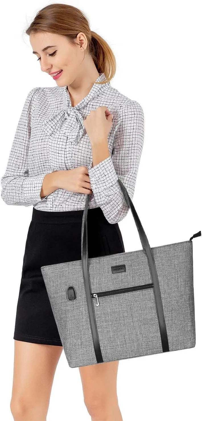 MOSISO USB Port Laptop Tote Bag for Women,Compatible with MacBook Air 15 inch M3 M2/Pro 16 M4 M3 M2 M1,15-15.6 inch Notebook, Work Travel Business Computer Bag with Small Purse, Gray