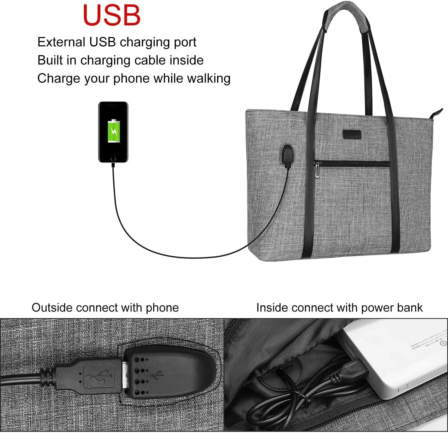 MOSISO USB Port Laptop Tote Bag for Women,Compatible with MacBook Air 15 inch M3 M2/Pro 16 M4 M3 M2 M1,15-15.6 inch Notebook, Work Travel Business Computer Bag with Small Purse, Gray