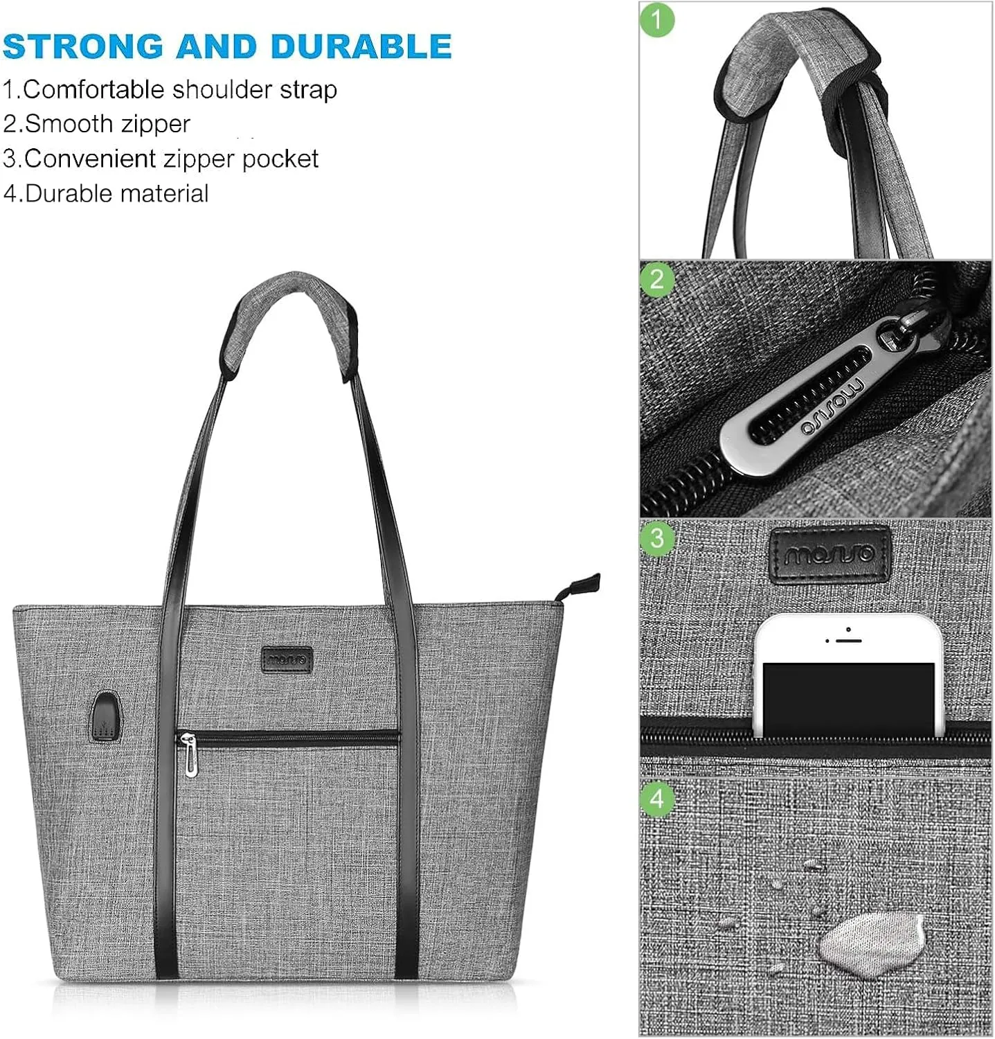 MOSISO USB Port Laptop Tote Bag for Women,Compatible with MacBook Air 15 inch M3 M2/Pro 16 M4 M3 M2 M1,15-15.6 inch Notebook, Work Travel Business Computer Bag with Small Purse, Gray
