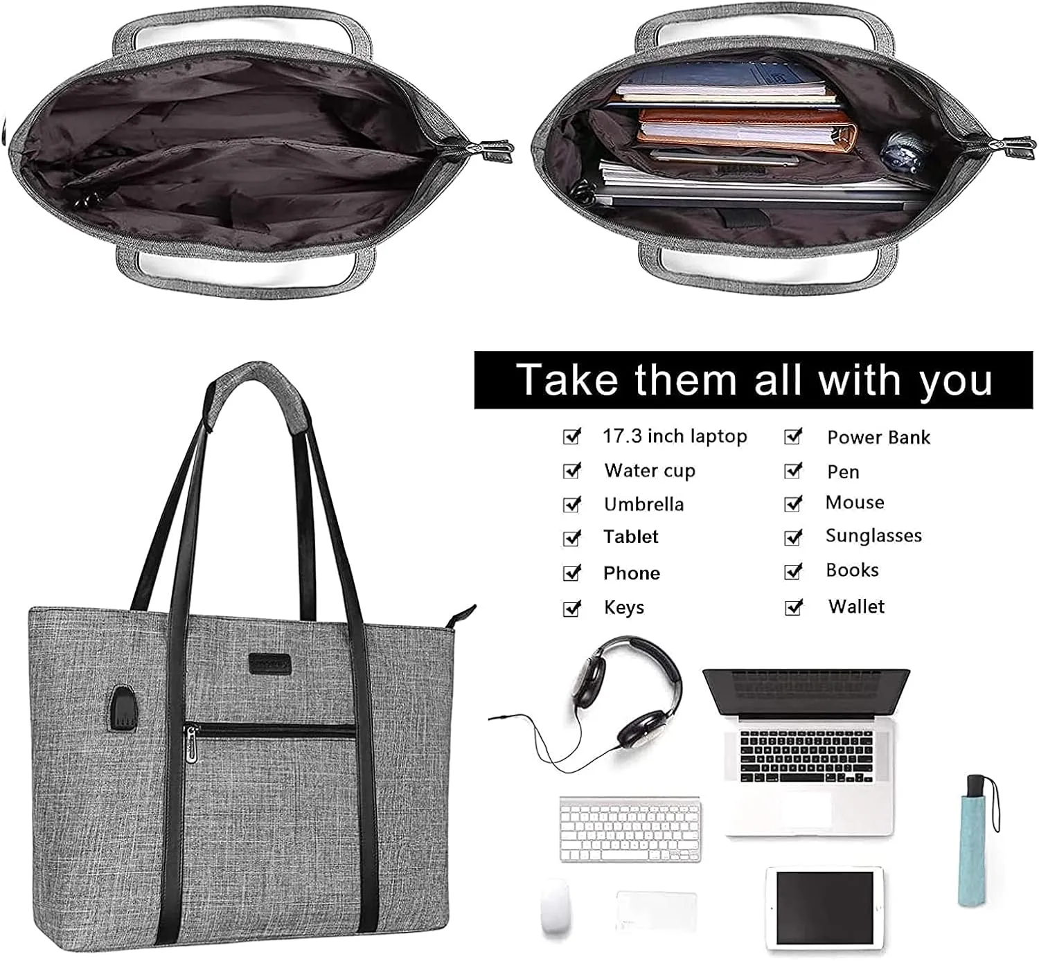 MOSISO USB Port Laptop Tote Bag for Women,Compatible with MacBook Air 15 inch M3 M2/Pro 16 M4 M3 M2 M1,15-15.6 inch Notebook, Work Travel Business Computer Bag with Small Purse, Gray