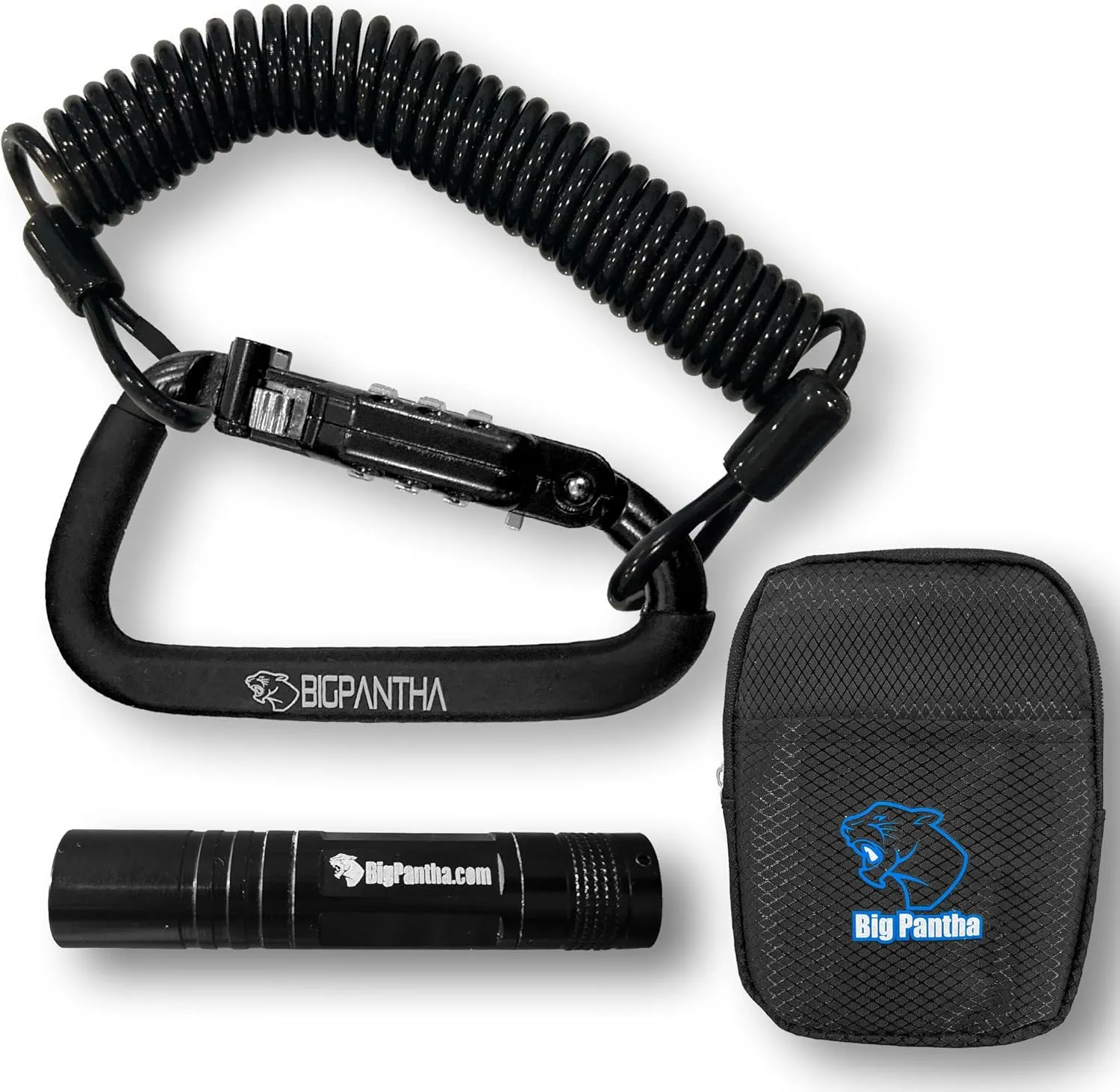 Motorcycle Helmet Lock & Security Cable - Black Carabiner Combination Lock Secures Your Helmet, Jacket, Gloves, or Bag - Lock with Free Carry Pouch & a Small Flashlight