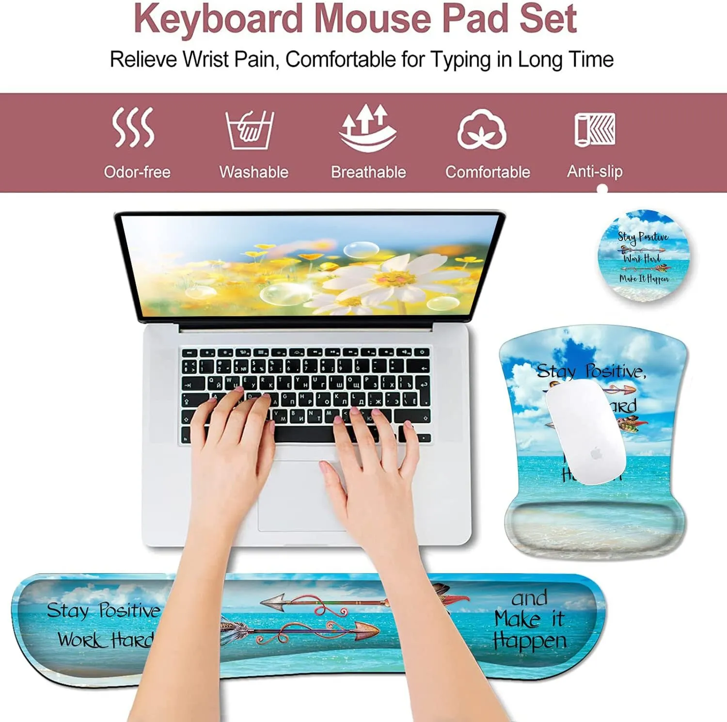 Mouse Pad Square Beach Style Anti-Slip Rubber Mousepad with Durable Stitched Edges for Gaming Office Laptop Computer, Cute Custom Pattern, Stay Positive Work Hard and Blue Sky Ocean