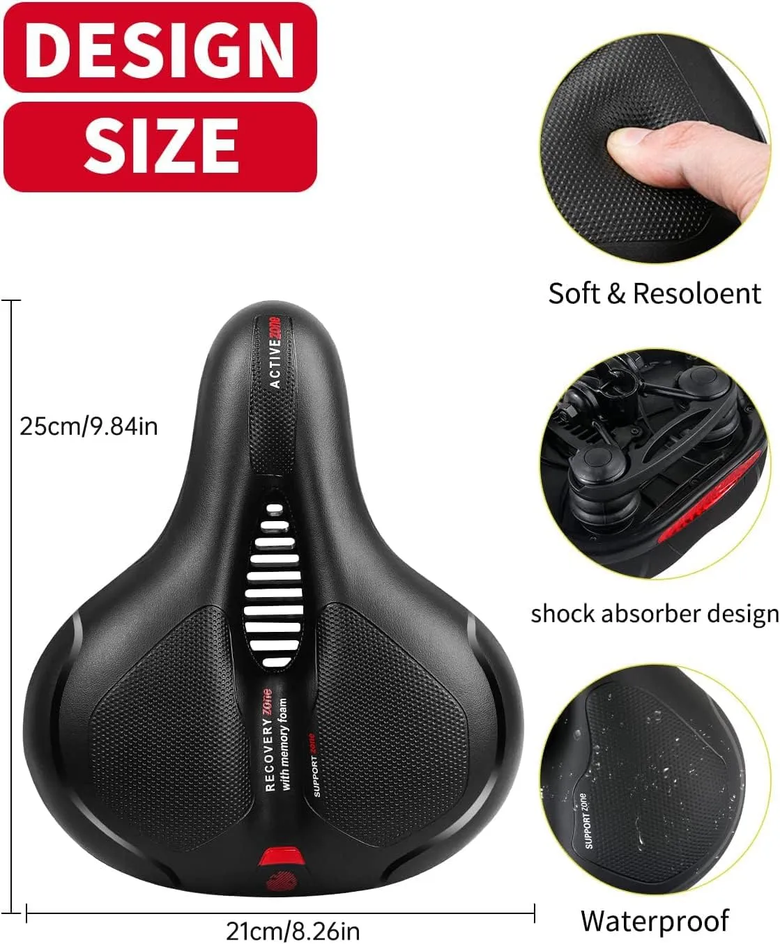 MSDADA Comfortable Bike Seat Cushion - Wide Bicycle Seat Comfort for Men Women with Dual Shock Absorption - Memory Foam Padding, Waterproof Bike Saddle for Stationary, Exercise, Mountain, Road Bikes