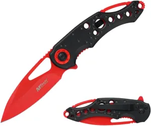 MTECH USA Folding Pocket Knife, 3.55" Drop Point Blade, Black and Red Aluminum Handle, 8.3" Overall Length
