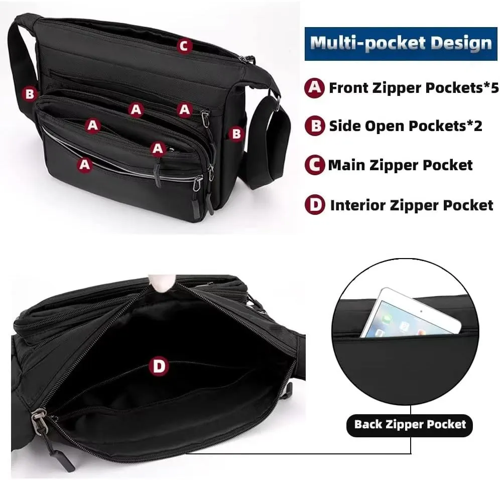 Mudono Messenger Bag for Men Nylon Waterproof Shoulder Bag Multi-pocket Crossbody Bag Daily Travel Bag Lightweight Satchel