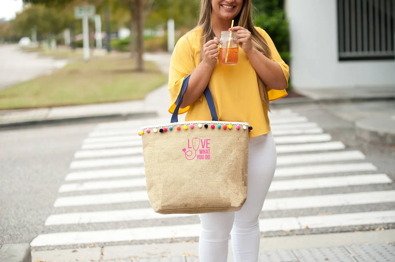 Multi Color Pom Pom Tote