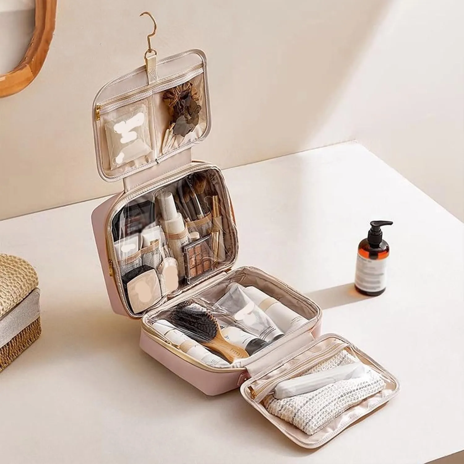 Multi Compartment Toiletry Cosmetic Bag, Large capacity, with handles, multiple compartments, waterproof Pu Leather (peach pink)