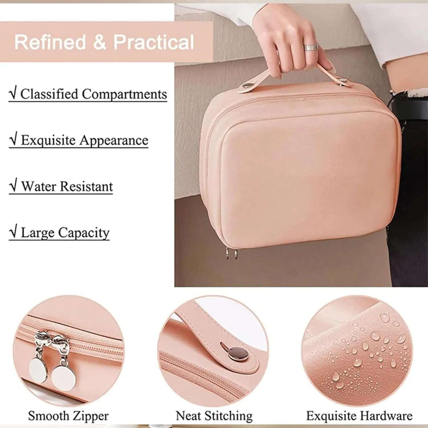 Multi Compartment Toiletry Cosmetic Bag, Large capacity, with handles, multiple compartments, waterproof Pu Leather (peach pink)