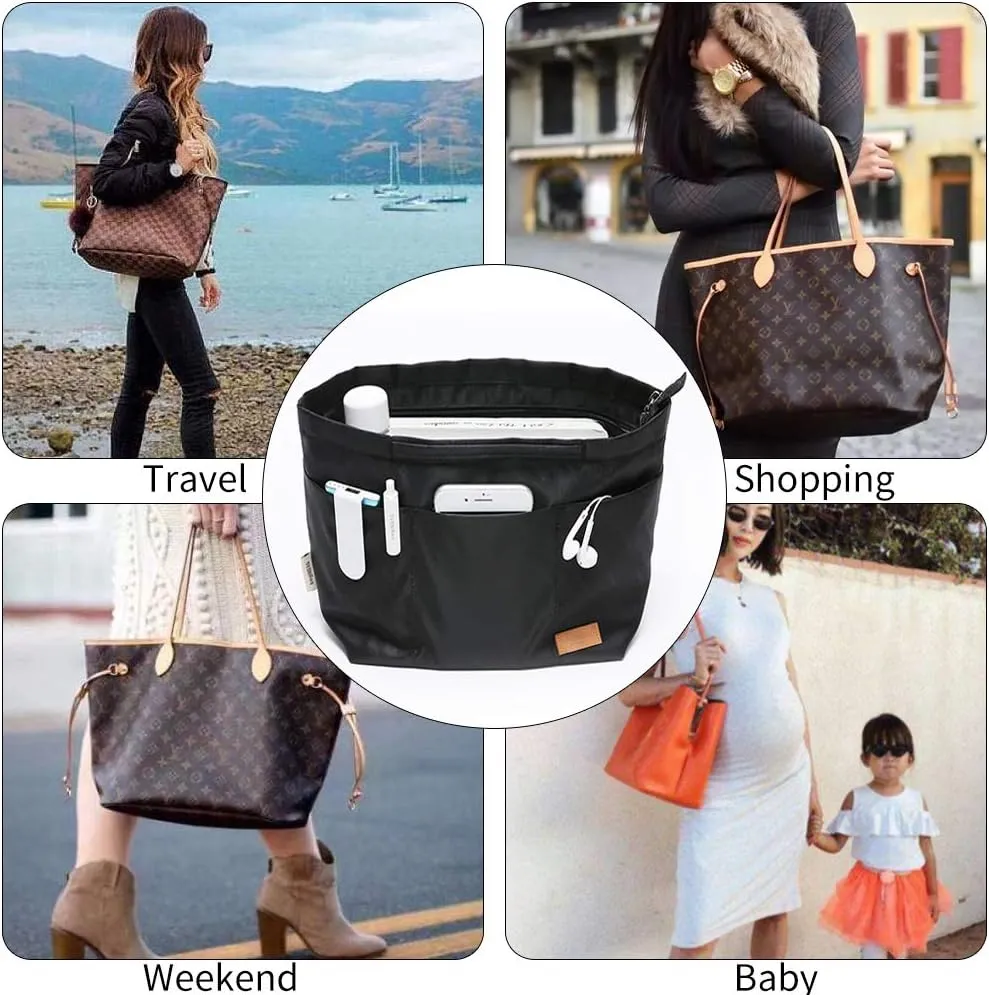 Multi-Pocket Travel Handbag Organizer Insert Large for Tote Bag Purse Liner Insert Organizer with Handles (Large, Black)