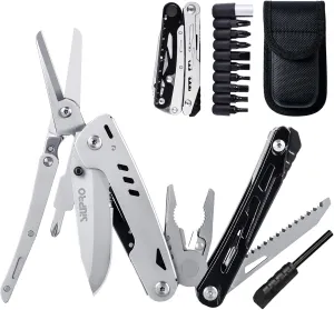 Multitool Pocket Knife for Men, Tactical Multi Tool Saw, Screwdriver kit, Flint with Nylon Pouch, Detachable Large Scissors for Camping, Hunting