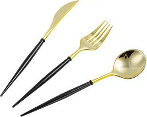 N9R 150Pcs Gold Plastic Silverware - Gold Disposable Cutlery Set with Black Handles with 50 Forks, 50 Spoons and 50 Knives - Perfect for Parties,Halloween, Birthdays, Wedding and Everyday Use