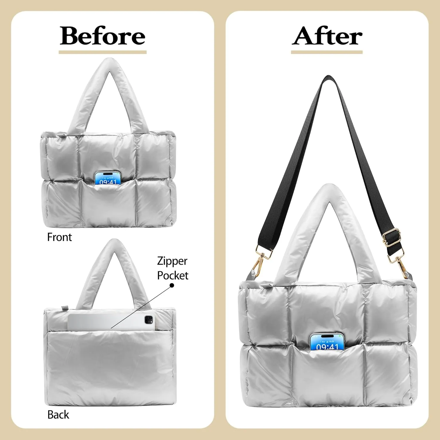 NAARIIAN Puffer Tote Bag for Women, Lightweight Quilted Puffy Shoulder Handbag with Adjustable Shoulder Strap