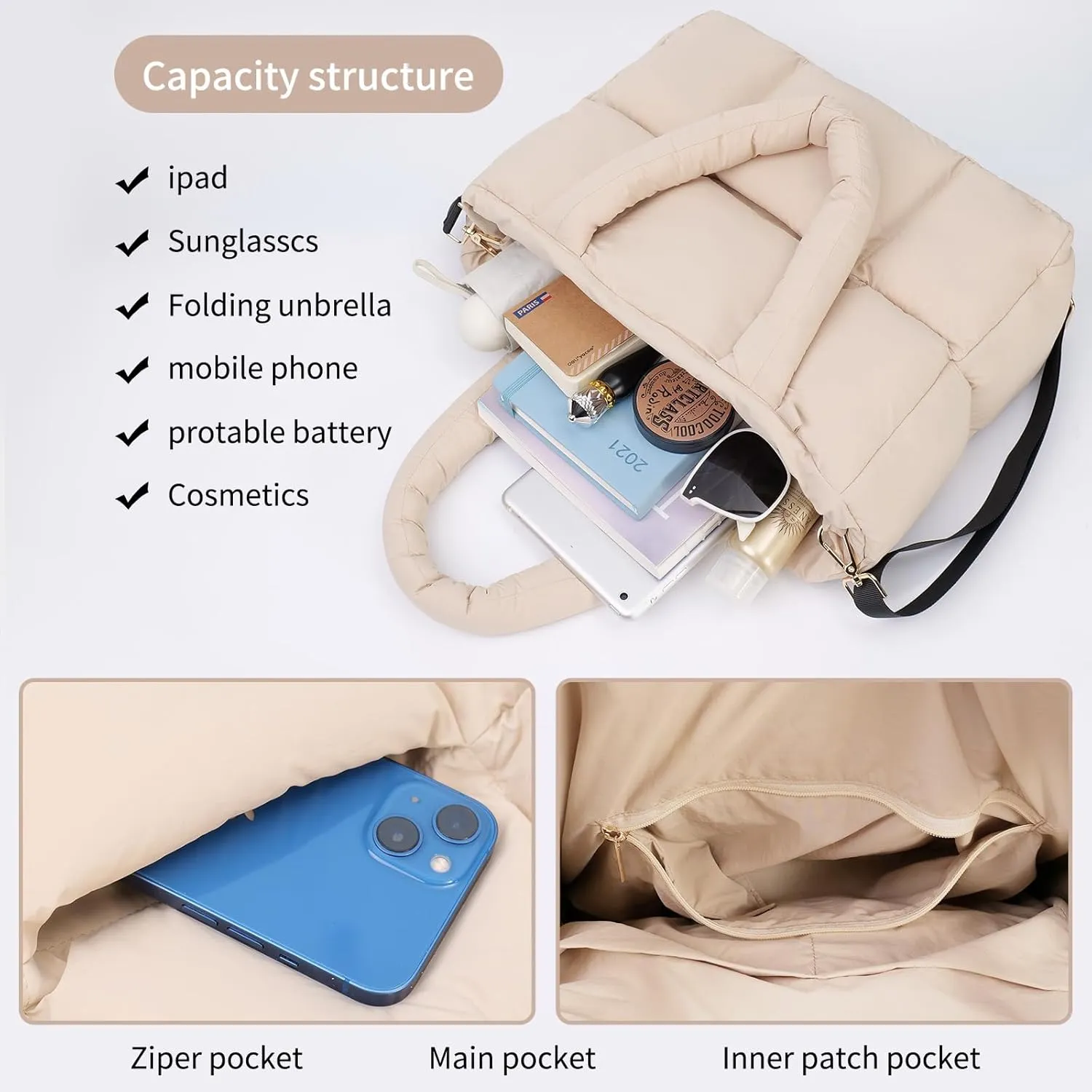 NAARIIAN Puffer Tote Bag for Women, Lightweight Quilted Puffy Shoulder Handbag with Adjustable Shoulder Strap