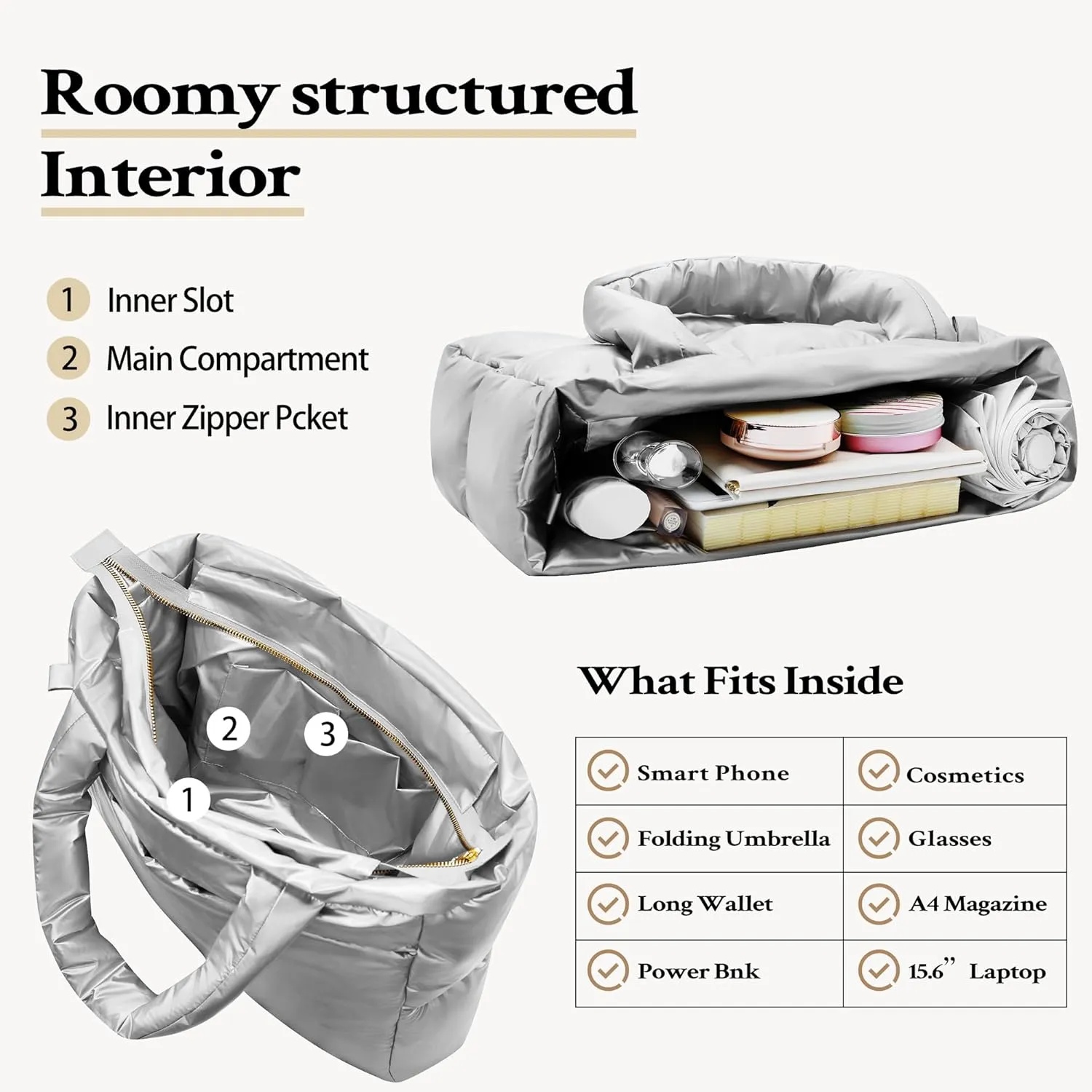 NAARIIAN Puffer Tote Bag for Women, Lightweight Quilted Puffy Shoulder Handbag with Adjustable Shoulder Strap