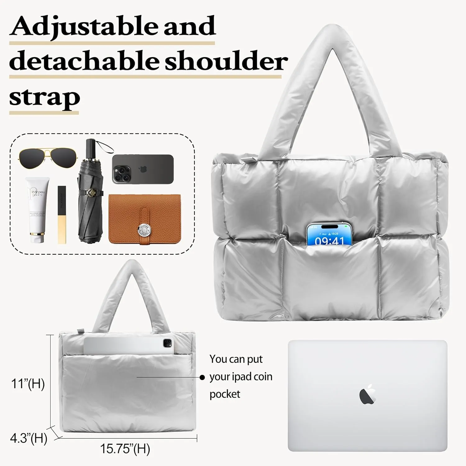 NAARIIAN Puffer Tote Bag for Women, Lightweight Quilted Puffy Shoulder Handbag with Adjustable Shoulder Strap