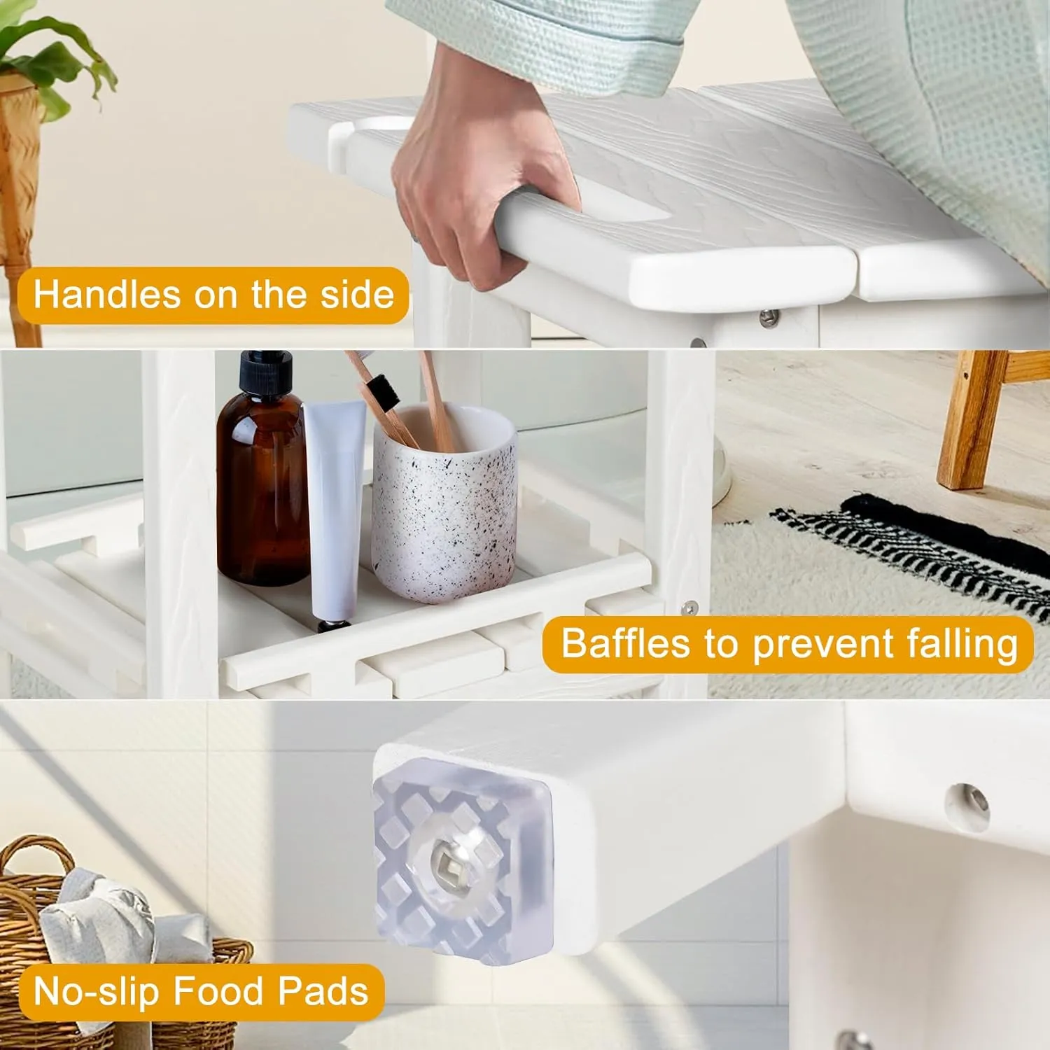NALONE Shower Bench, HDPE Shower Benches with Storage Shelf & Handles, Indoor and Outdoor Use (White)