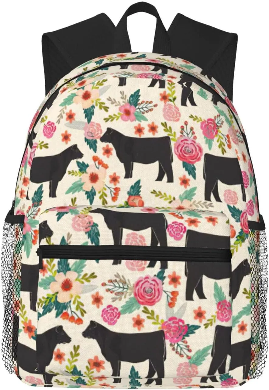 nanger Pink Flower Show Steer Cows Cattle Print Large Travel Work Backpack, Anti-Water College Bag Business Laptop Pack For Men Women, Black