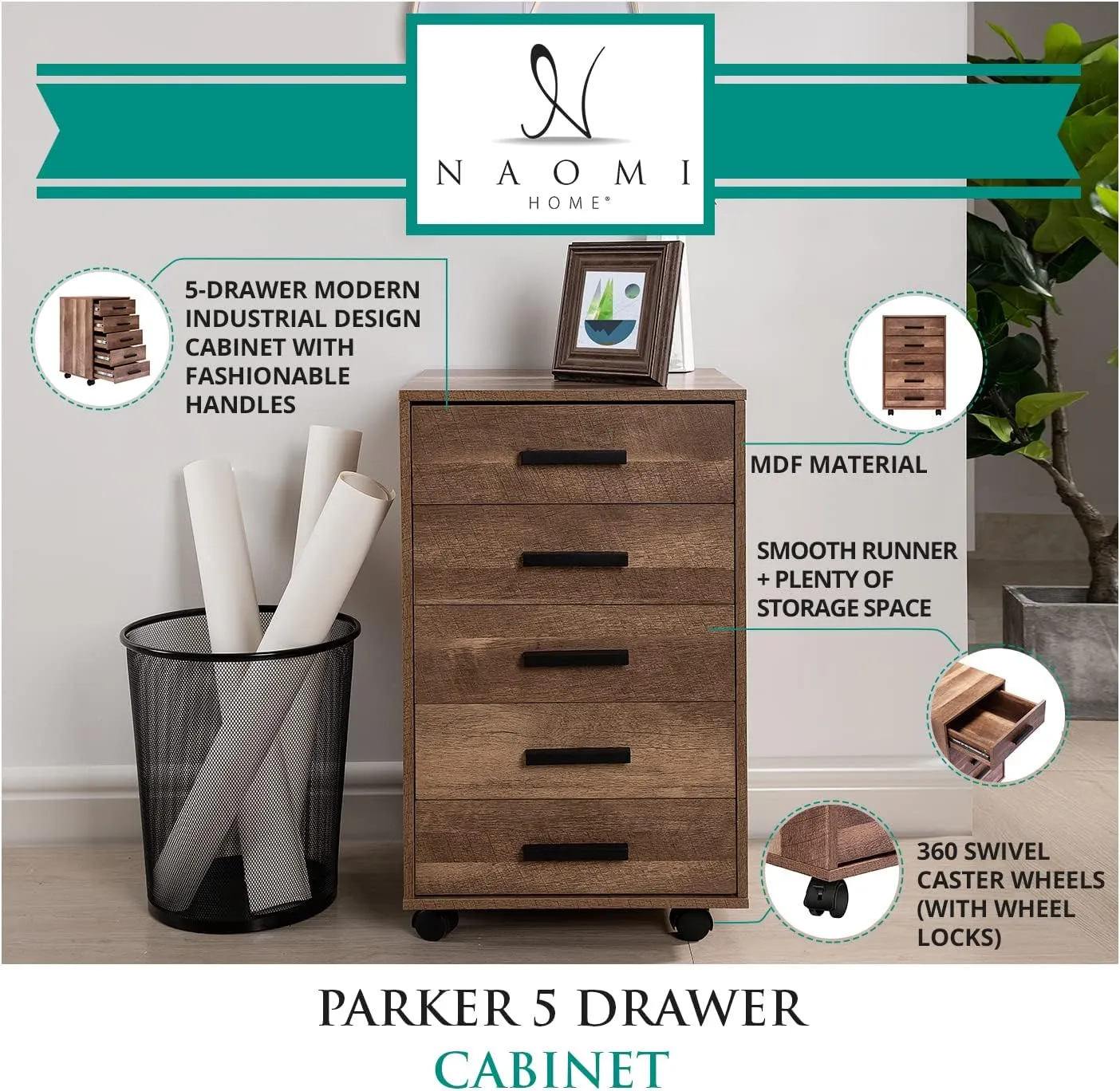 Naomi Home Parker Modern 5 Drawer Dresser Cabinet with Fashionable Handles, Swivel Casters, Small Wood Dresser for Bedroom with Industrial Design, Dressers & Chests of Drawers, Chestnut