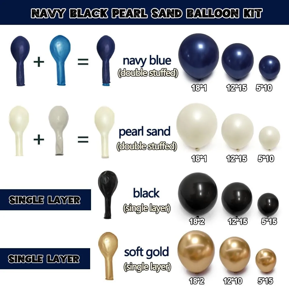 Navy Blue Black Balloon Arch - Double Stuffed Pearl White Sand, Dark Royal Blue Gold Balloon Garland Kit for Birthday Anniversary 2025 Graduation Men Party Decoration