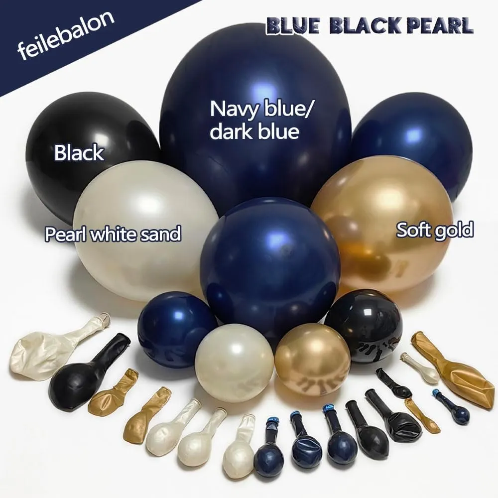 Navy Blue Black Balloon Arch - Double Stuffed Pearl White Sand, Dark Royal Blue Gold Balloon Garland Kit for Birthday Anniversary 2025 Graduation Men Party Decoration