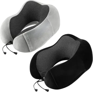 Neck Pillow Airplane-2 Pack Memory Foam Travel Pillow, Soft Support Travel Neck Pillow for Travelling, Sleeping Rest, Car, Train and Home Use (Black&Grey)