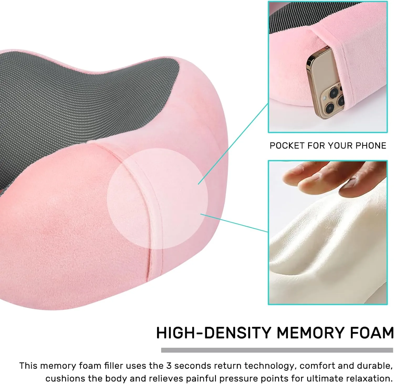 Neck Pillow Airplane-2 Pack Memory Foam Travel Pillow, Soft Support Travel Neck Pillow for Travelling, Sleeping Rest, Car, Train and Home Use (Black&Pink)