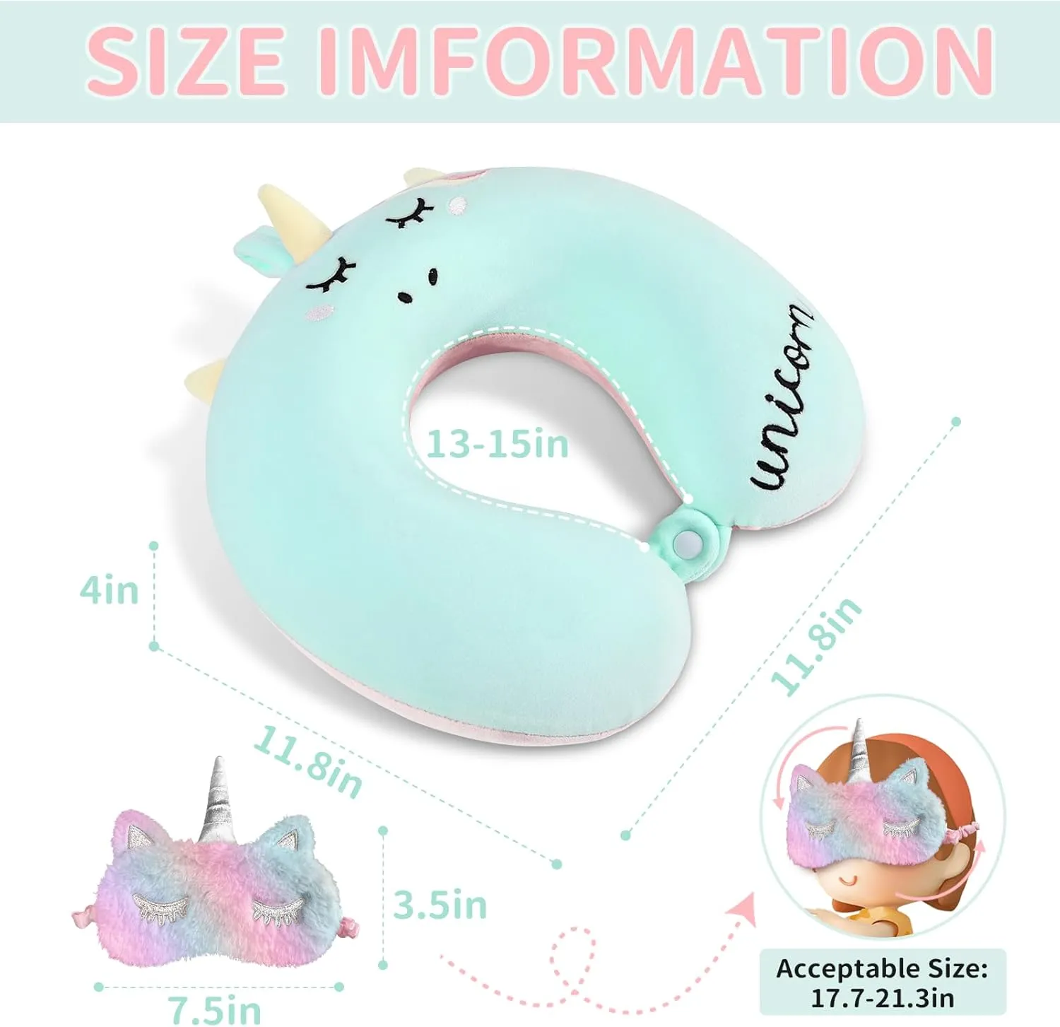 Neck Travel Pillow for Kids, Unicorn Airplane Memory Foam Pillow with Cute Sleep Mask & Earplugs, Lightweight Travelling Sleeping Pillow Set for Car, Train, Bus and Home Use (Blue)