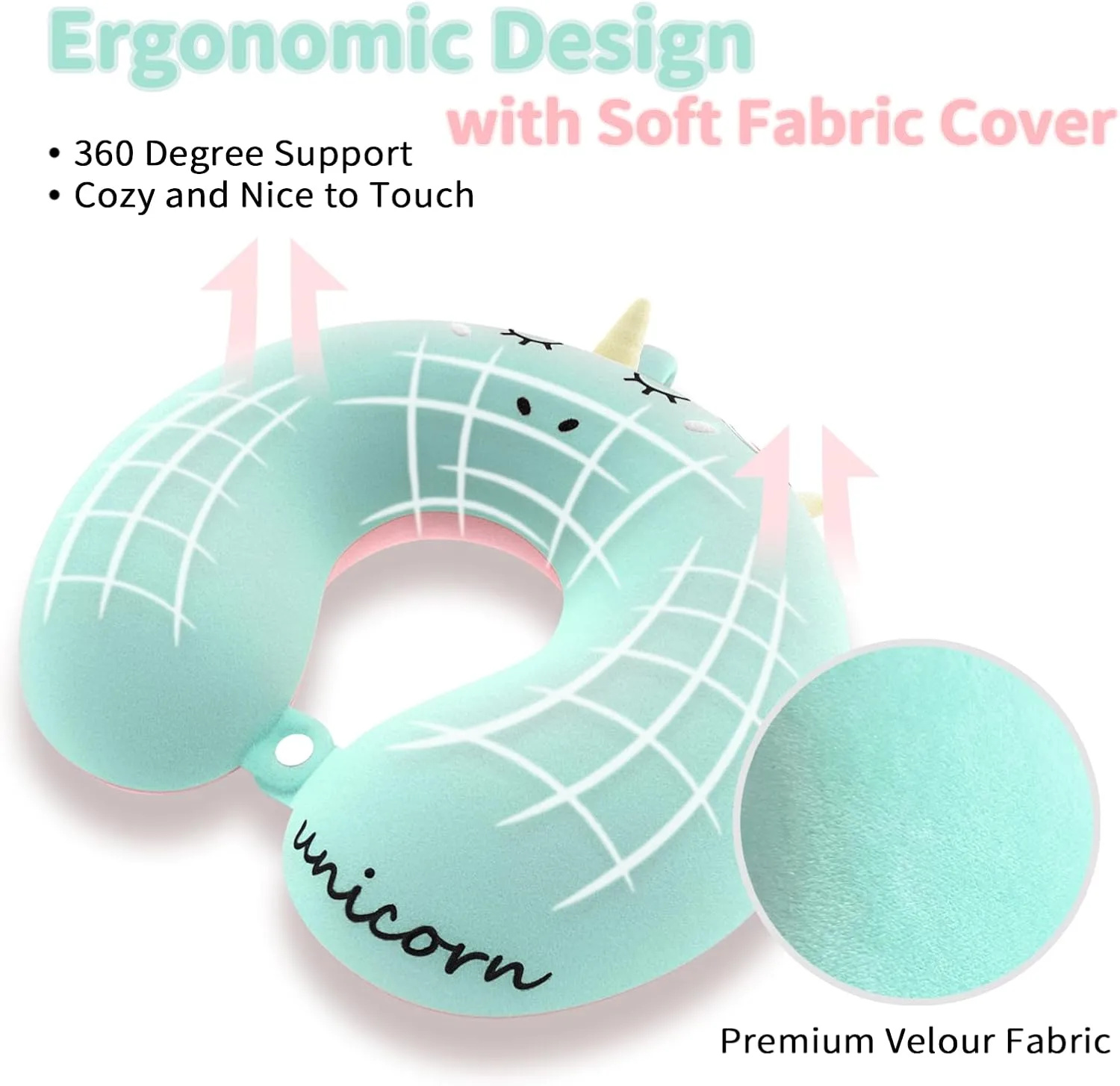 Neck Travel Pillow for Kids, Unicorn Airplane Memory Foam Pillow with Cute Sleep Mask & Earplugs, Lightweight Travelling Sleeping Pillow Set for Car, Train, Bus and Home Use (Blue)