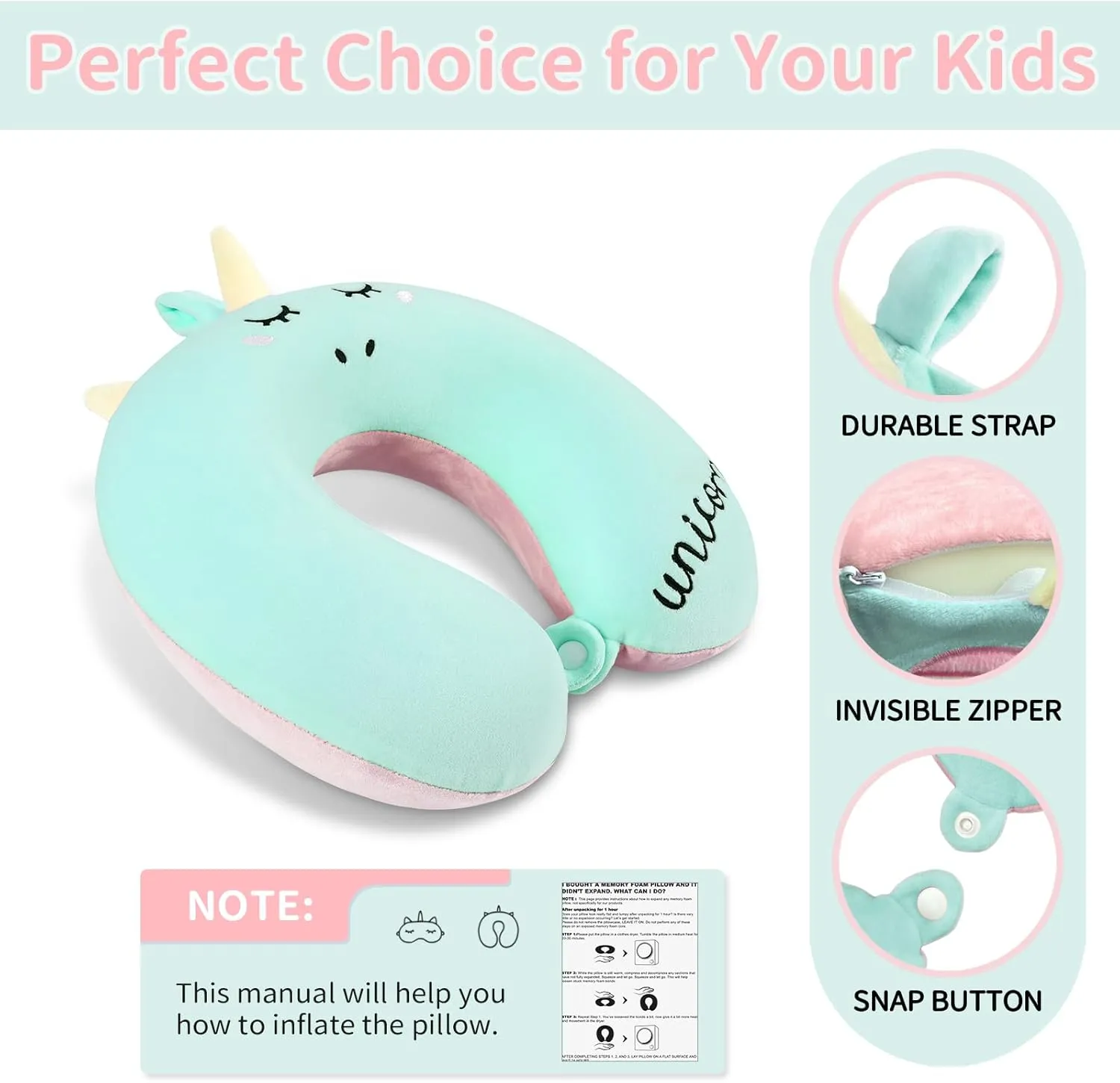 Neck Travel Pillow for Kids, Unicorn Airplane Memory Foam Pillow with Cute Sleep Mask & Earplugs, Lightweight Travelling Sleeping Pillow Set for Car, Train, Bus and Home Use (Blue)