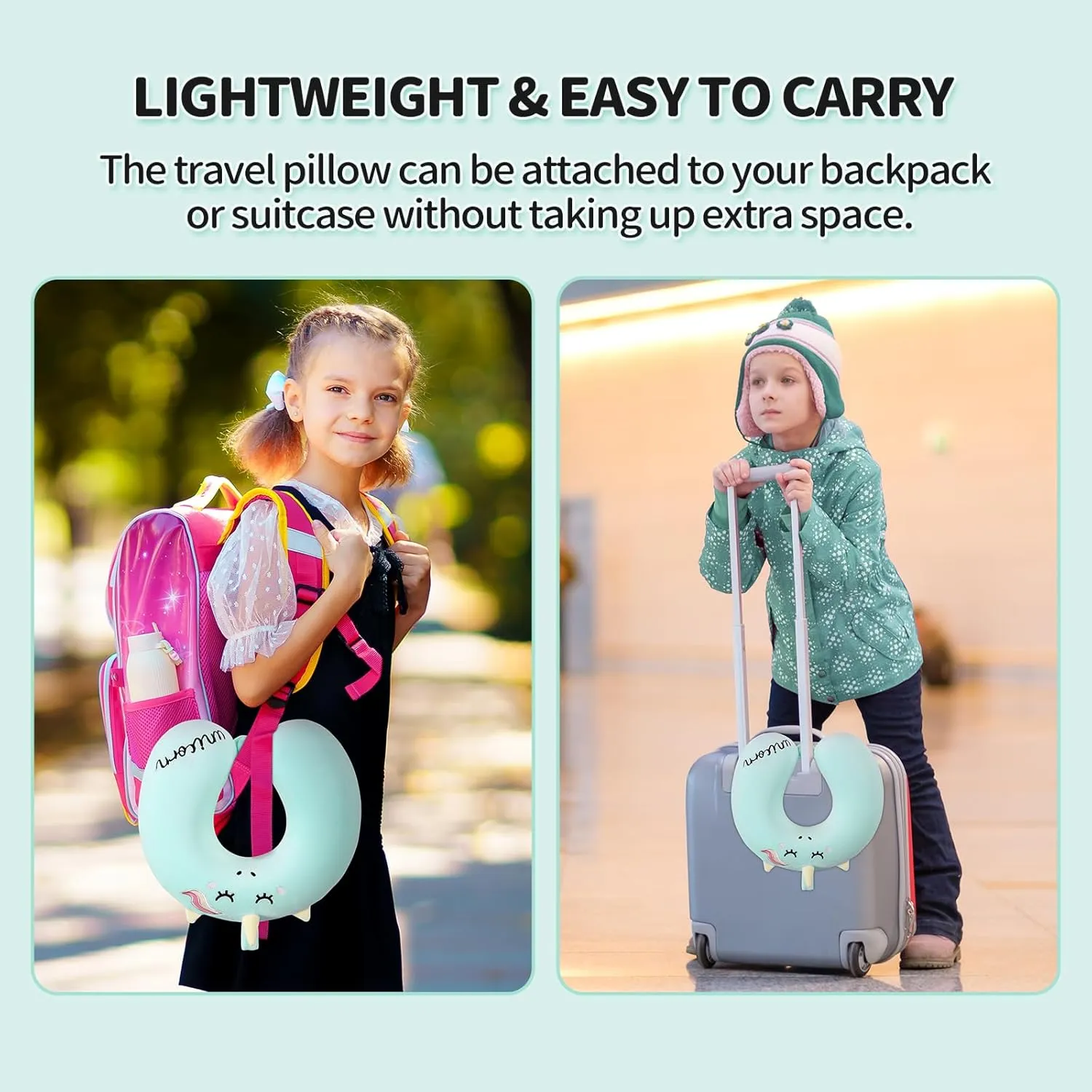 Neck Travel Pillow for Kids, Unicorn Airplane Memory Foam Pillow with Cute Sleep Mask & Earplugs, Lightweight Travelling Sleeping Pillow Set for Car, Train, Bus and Home Use (Blue)