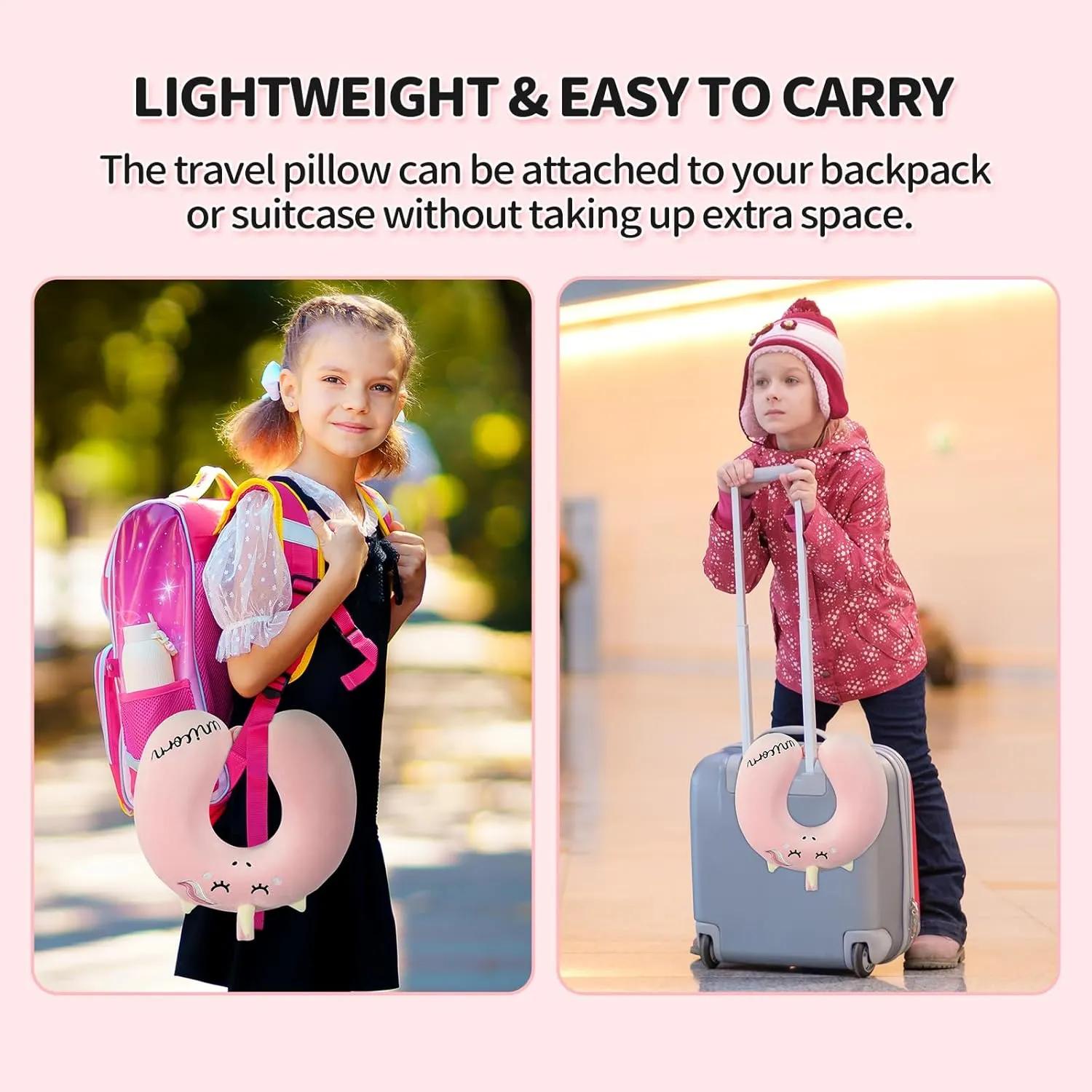 Neck Travel Pillow for Kids, Unicorn Airplane Memory Foam Pillow with Cute Sleep Mask & Earplugs, Lightweight Travelling Sleeping Pillow Set for Car, Train, Bus and Home Use (Pink)
