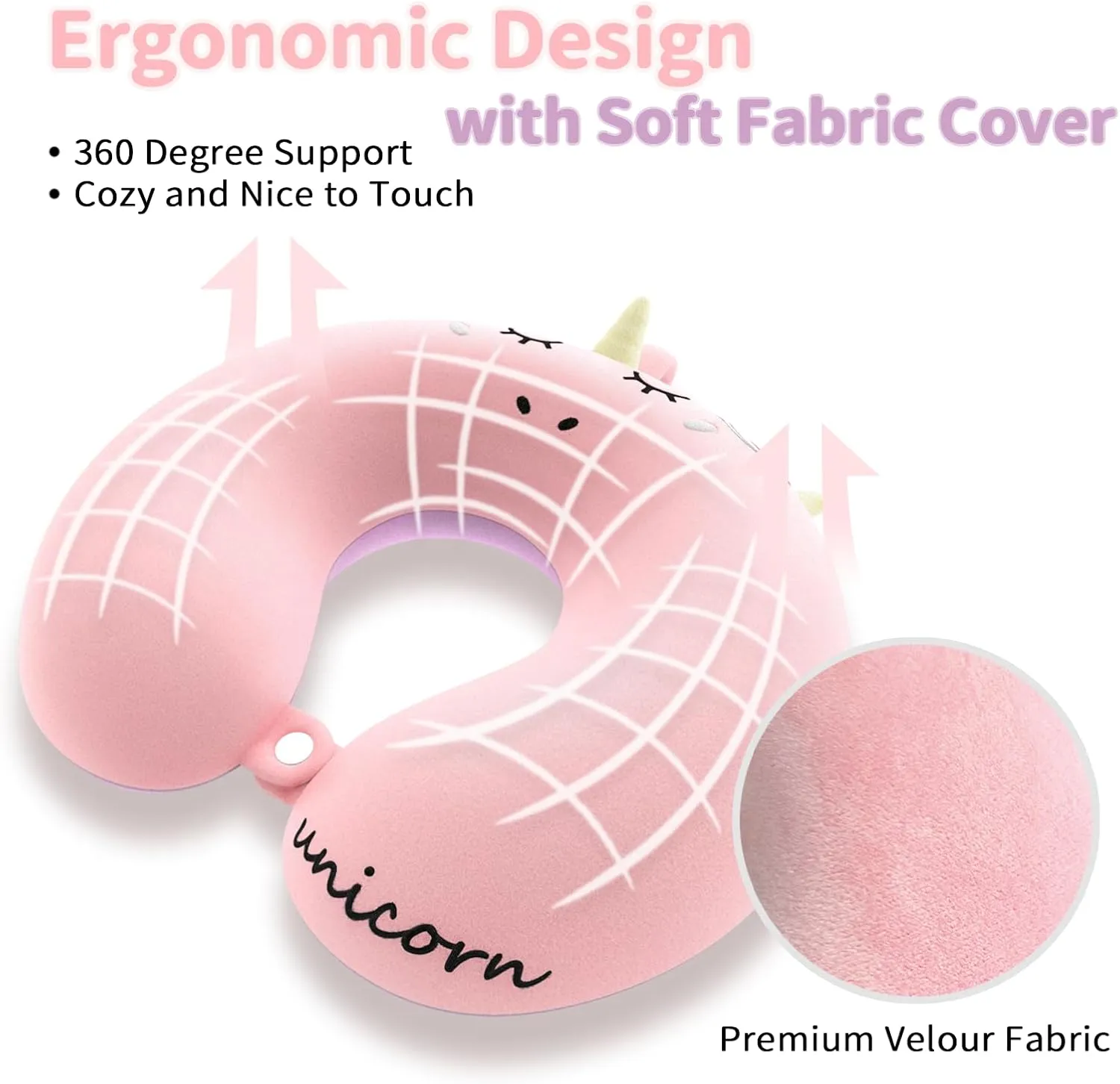 Neck Travel Pillow for Kids, Unicorn Airplane Memory Foam Pillow with Cute Sleep Mask & Earplugs, Lightweight Travelling Sleeping Pillow Set for Car, Train, Bus and Home Use (Pink)