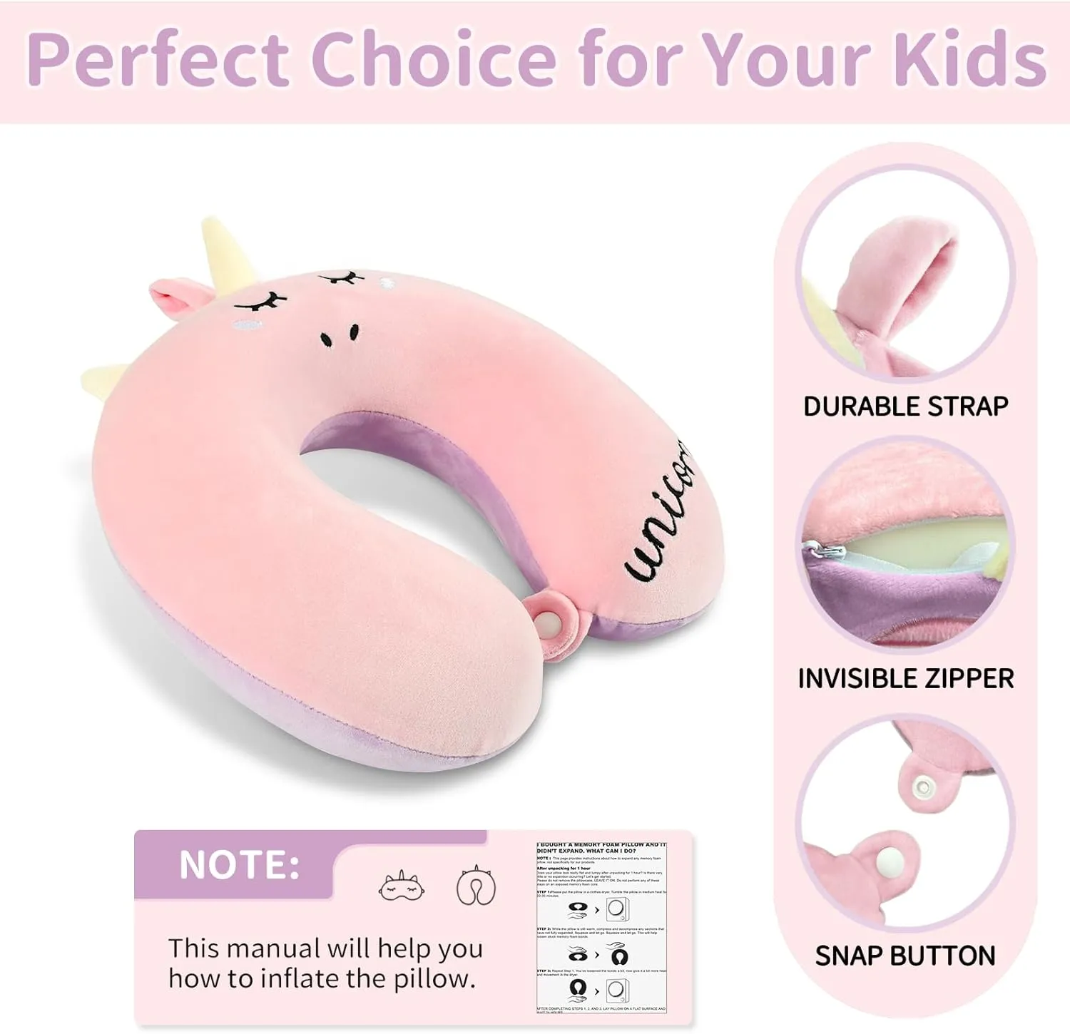 Neck Travel Pillow for Kids, Unicorn Airplane Memory Foam Pillow with Cute Sleep Mask & Earplugs, Lightweight Travelling Sleeping Pillow Set for Car, Train, Bus and Home Use (Pink)