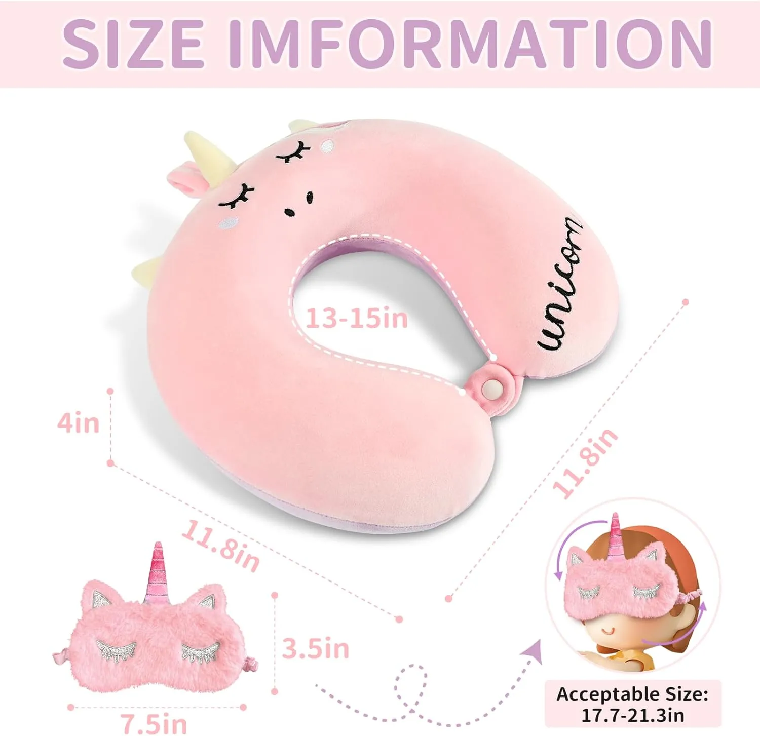 Neck Travel Pillow for Kids, Unicorn Airplane Memory Foam Pillow with Cute Sleep Mask & Earplugs, Lightweight Travelling Sleeping Pillow Set for Car, Train, Bus and Home Use (Pink)