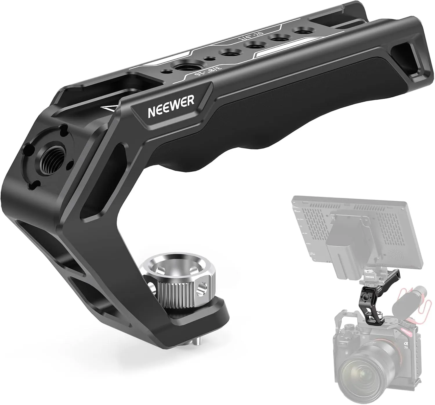 NEEWER Camera Top Handle with 3/8" ARRI Locating Pins, Comfort Silicone Grip with 1/4" 3/8" Threads and 3 Cold Shoes, Compatible with SmallRig Handles Camera Cages Video Rigs, CA007